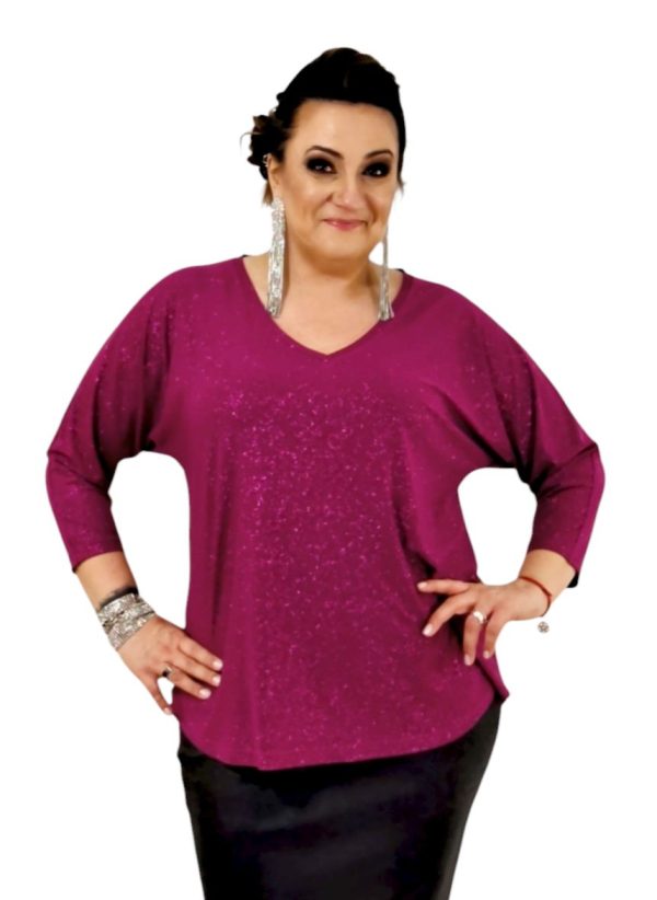 Plus Size. Bluzka Gwiazda. Fuksjowa z brokatem. Luźna  tuszująca.