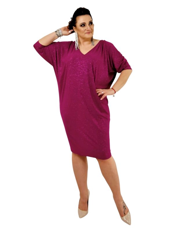 Sukienka Tuba tuszująca. Fuksjowa z brokatem błysk.Plus size.